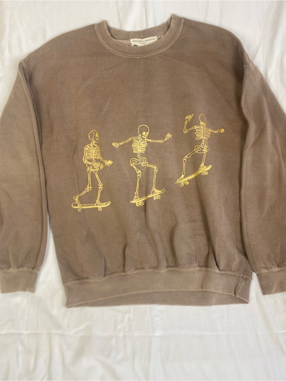Grunge Brown Crewneck sweatshirt with butter yellow Skateboard Skeleton Graphic